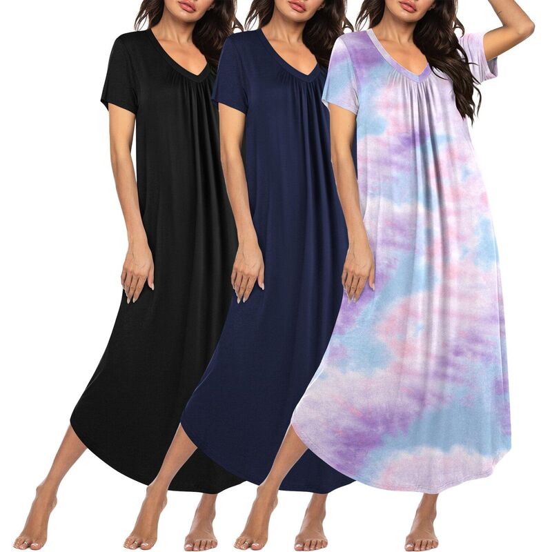 エコアー レディース アンダーお召しもの ナイト爵お召しもの Vのど首 プルオーバー Ekouaer 3 Pc Long Nightgowns for Women House Dresshort Sleeve Night Gown V Neck Casual Nightshirt Black Navy Tie Dye 黒いこと