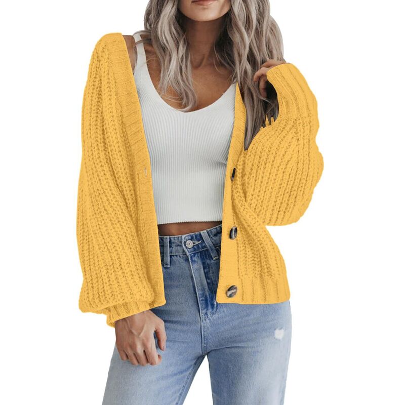ジーグー レディース アウター ニット・セーター Vネック ボタンダウン カーディガン ダウン Zeagoo Women's Fall Cardigans V Neck Button Down Chunky Knitted Loose Cardigansweater Yellow イエロー｜ReVida 店