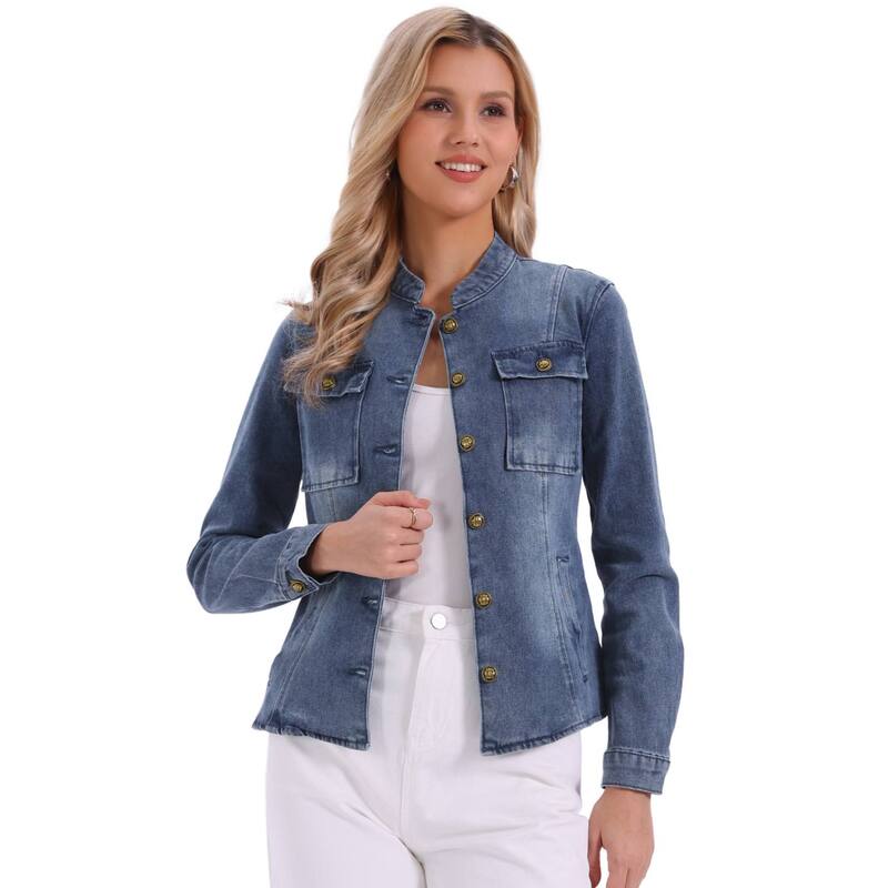アレグラ ケー レディース アウター 上衣・上衣 ジーンズ ALLEGRA K Casual Denim Jacket for Women\u0027s Classic Stand Collar Long Sleeve Jean Jackets Gray Blues 薄墨色