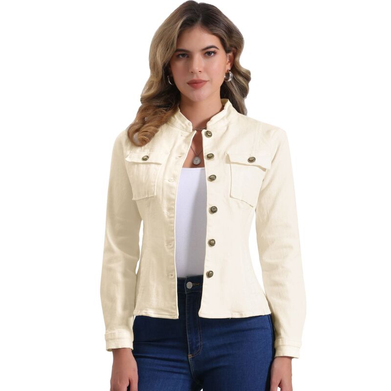 アレグラ ケー レディース アウター 上衣・上衣 ジーンズ ALLEGRA K Casual Denim Jacket for Women\u0027s Classic Stand Collar Long Sleeve Jean Jackets Light Apricot 杏
