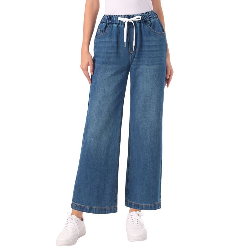 アレグラ ケー レディース ボトムス ジーンズズボン下 デニム ALLEGRA K Casual Denim Pants for Women Drawstring Elastic Waist Wide Legs Jeans Retro Blue 青み