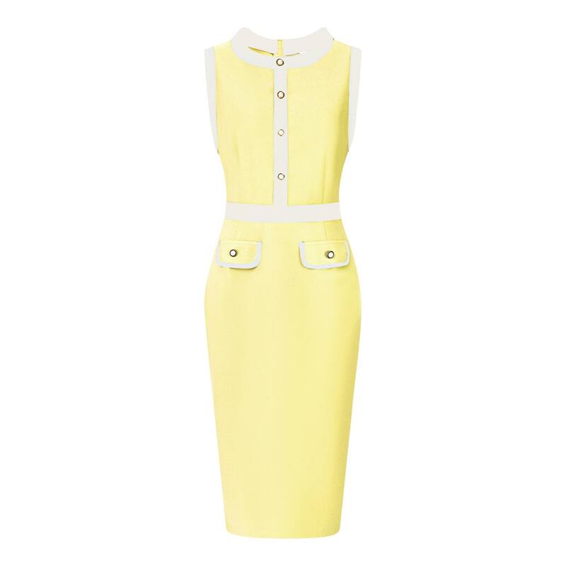 ホンベティ レディース トップス ワンピース ノースリーブ コントラスト Hombety Women'sheath Dresses Office Sleeveless Contrast Color Pencil Dress Yellow イエロー｜ReVida 店