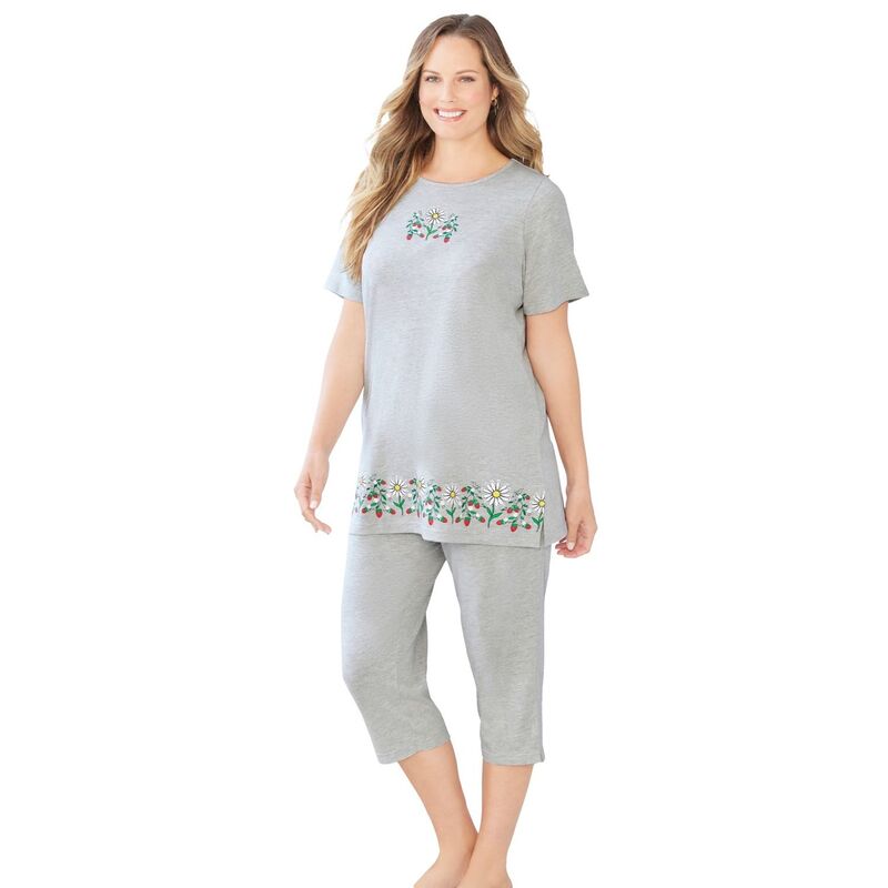 ドリームスアンドコー レディース アンダーウェア ナイトウェア プラスサイズ キャップ ニット Dreams & Co. Plusize Knit Capri Sleep Set Heather Grey Daisy グレー|ReVida 店