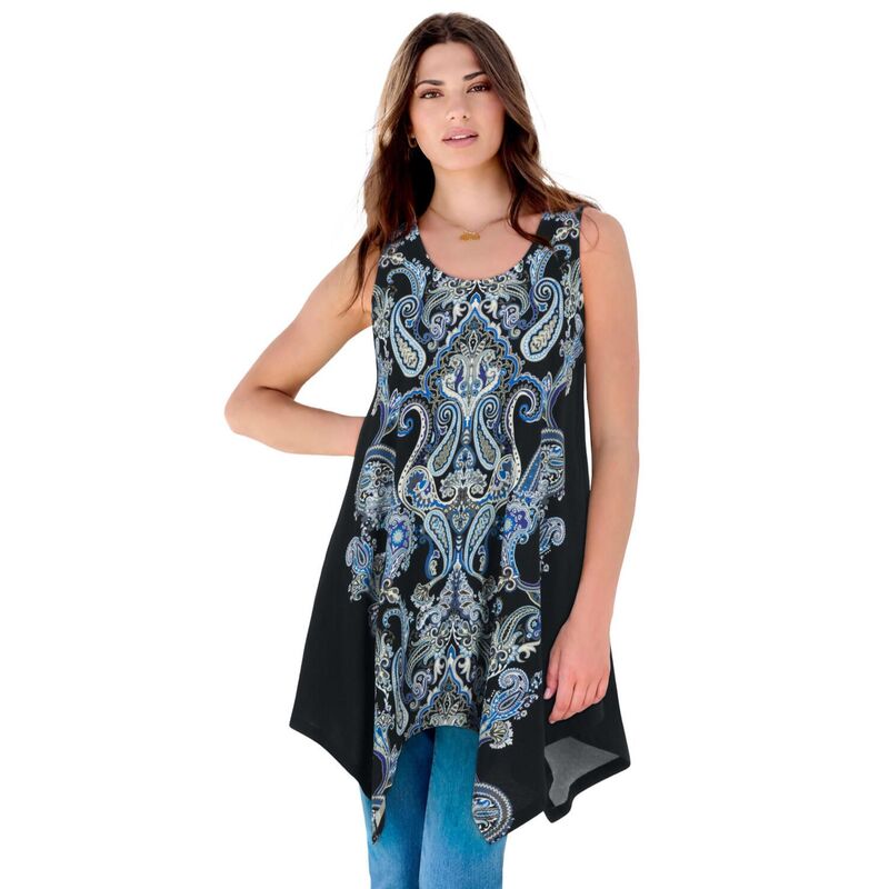 ロアマンズ レディース トップス Tシャツ プラスサイズ Roaman's Women's Plusize Handkerchief Hem Tunic Tank Top Black Mirrored Paisley ブラック｜ReVida 店 13,485円