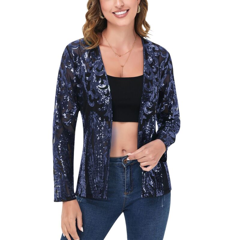アンナカシ レディース アウター ニット・セーター メッシュ シアー スパンコール カーディガン Anna-Kaci Women'sequin Embellished Open-Front Cardigan with Sheer Mesh Long Sleeves Navy Blue ネイビー|ReVida 店