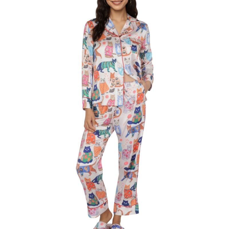 アンナカシ レディース アンダーお召しもの ナイト爵お召しもの 刷り上げる 絹地 Anna-Kaci Women\u0027s 2-Piece Set Long Sleeve Button Front Pajama Set with Cat Print and Soft Silky Fabric Light Beige ベージュ
