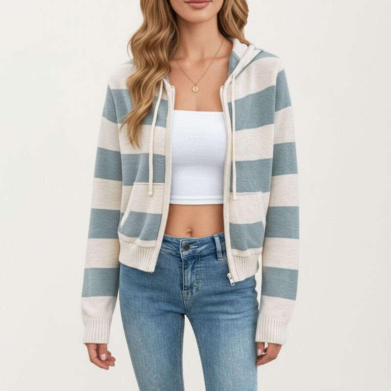 アンナカシ レディース アウター 上衣・上衣 編み物 パーカー Anna-Kaci Women\u0027striped Knit Zip-Up Hoodie with Drawstring and Front Pockets White 白いこと