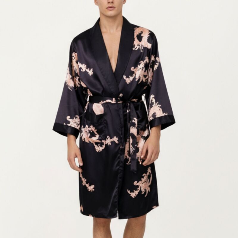 アンナカシ レディース アンダーお召しもの ナイト爵お召しもの 刷り上げる 繻子 Anna-Kaci Men\u0027satin Robe with Baroque Print Shawl Collar and Waistie Black 黒いこと