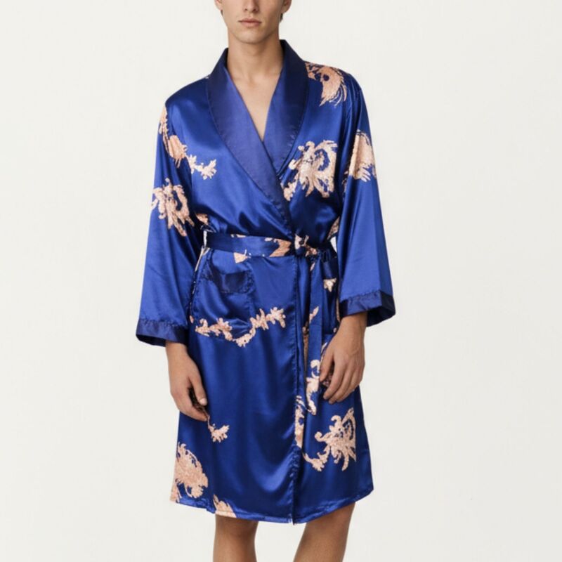 アンナカシ レディース アンダーお召しもの ナイト爵お召しもの 刷り上げる 繻子 Anna-Kaci Men\u0027satin Robe with Baroque Print Shawl Collar and Waistie Navy 米国海軍