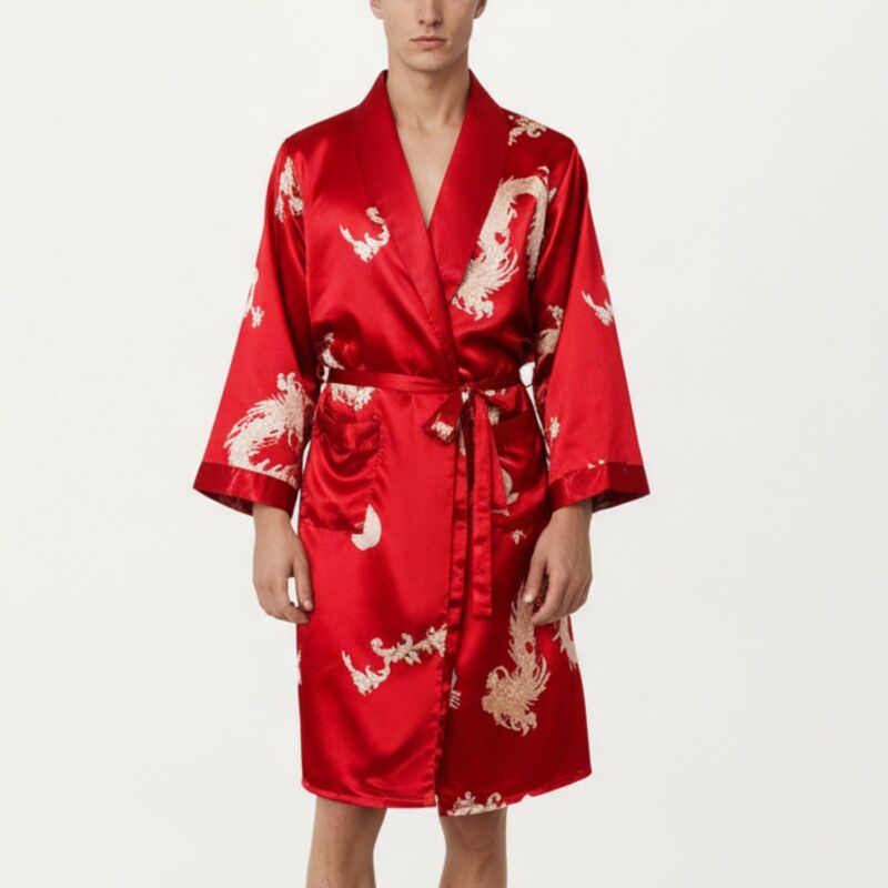 アンナカシ レディース アンダーお召しもの ナイト爵お召しもの 刷り上げる 繻子 Anna-Kaci Men\u0027satin Robe with Baroque Print Shawl Collar and Waistie Red 赤いこと