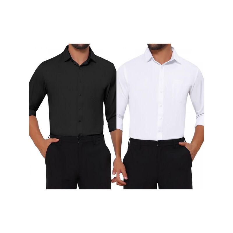 インスパイア シック レディース トップス Tシャツ INSPIRE CHIC 2 Packs Men's Point Collar Button Long Sleeve Solid Color Business Dresshirt Black White ホワイト｜ReVida 店