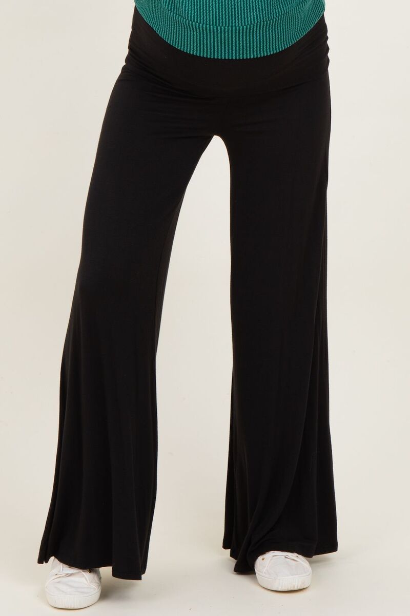 サクラ色毛はらい レディース ボトムス 心地好いズボン下 ワイドレッグ マタニティ PinkBlush Maternity Fold Over Waist Wide Leg Lounge Pants Black 黒いこと
