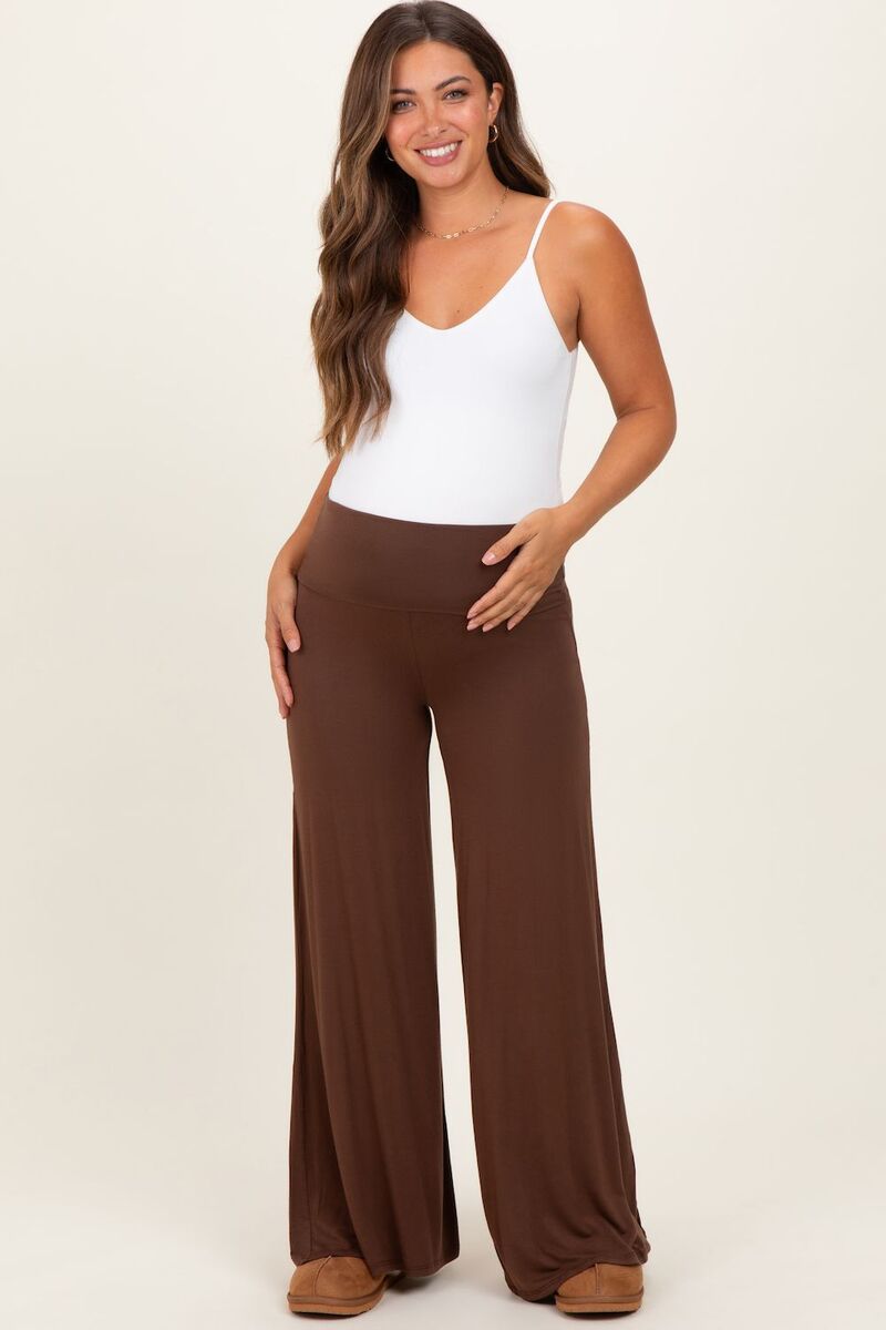 サクラ色毛はらい レディース ボトムス 心地好いズボン下 ワイドレッグ マタニティ PinkBlush Maternity Fold Over Waist Wide Leg Lounge Pants Brown 赤銅色