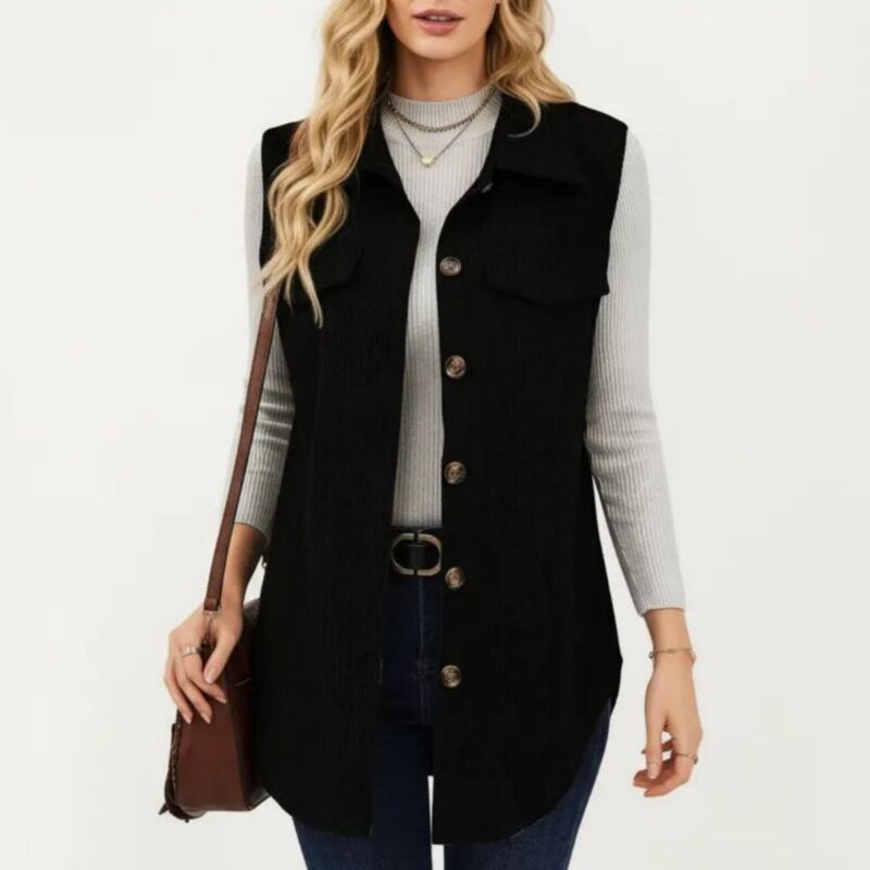 アンナカシ レディース アウター 上衣・上衣 より良い Anna-Kaci Women\u0027s Textured Button Front Vest with Collared Neckline Chest Flapockets and Longline Fit Black 黒いこと