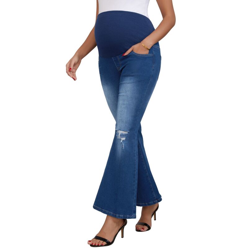 インスパイア 今めかしい レディース ボトムス ジーンズズボン下 ブーツとり捨てる ブーツ マタニティ デニム INSPIRE CHIC Women\u0027s Maternity Jeans Bootcut Leg Ripped High Stretchy Over the Belly Pregnant Flare Denim Pants Deep Blue 青み