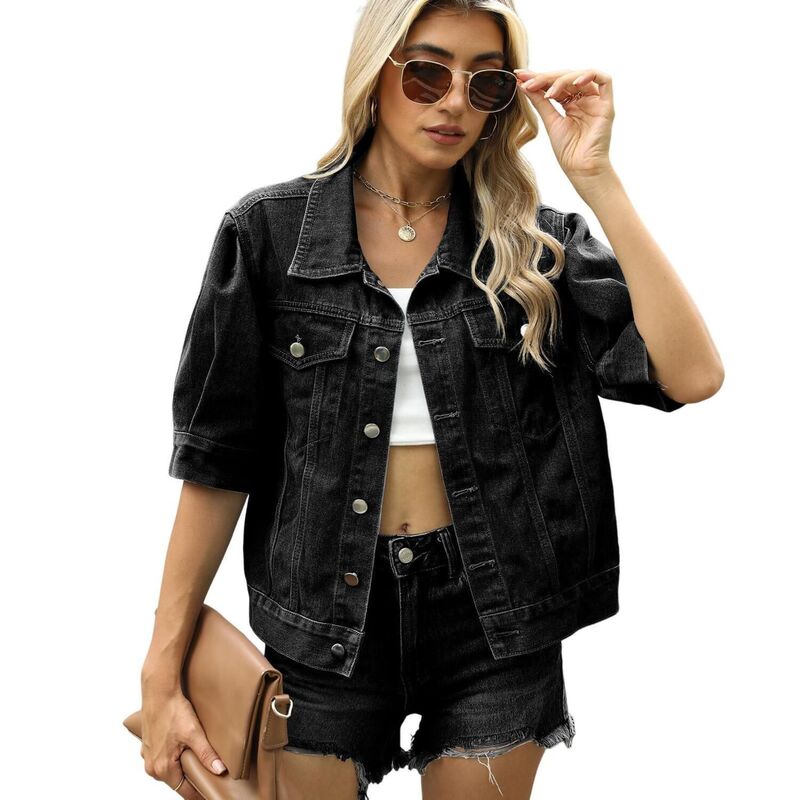 ジョイジョイ レディース アウター 上衣・上衣 ヴィンテージ ジーンズ JoyJoy Women\u0027summer Vintage Loose Short Sleeve Denim Jacket Classic Lapel Casual Versatile Denim Top Black Grey 黒いこと
