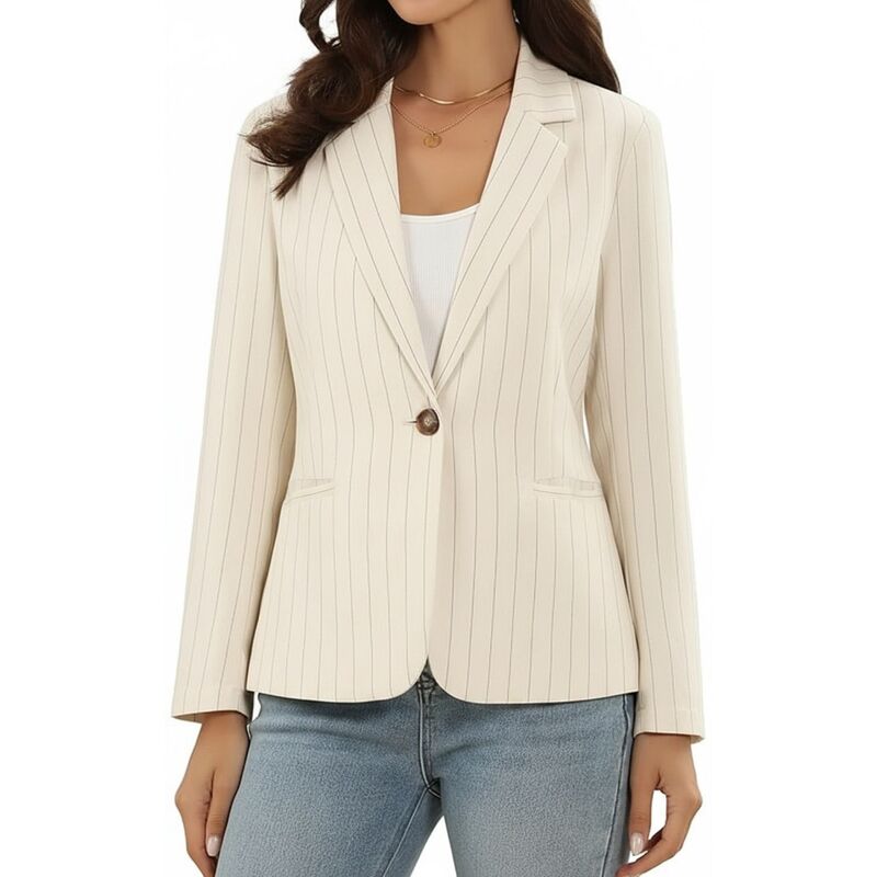 インスパイア 今めかしい レディース アウター 上衣・上衣 スポーツジャケット INSPIRE CHIC Striped Blazer for Womenotched Collar Long Sleeve Single Button Business Jacket with Pockets Beige ベージュ