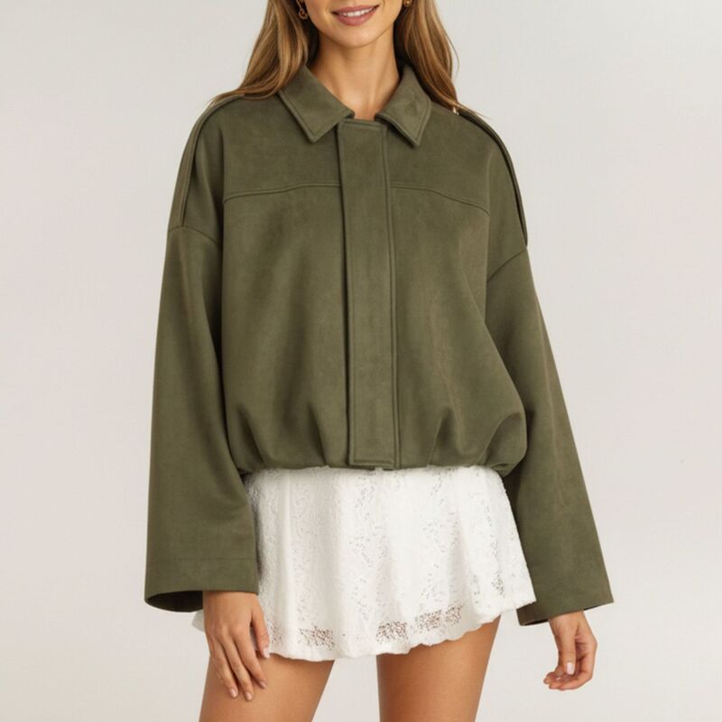 アンナカシ レディース アウター 上衣・上衣 伸び伸びする填まる スエードクロス クロップド Anna-Kaci Womens Cropped Faux Suede Jacket with Collared Neck and Relaxed Fit Green 緑であること