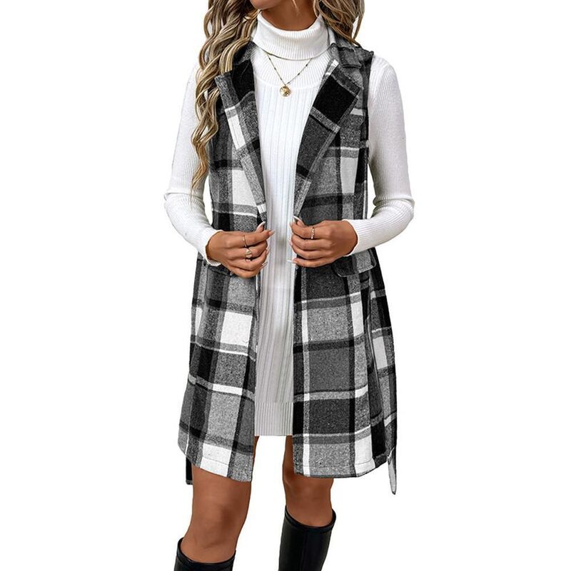 エリート肝ったま レディース アウター 上衣・上衣 より良い ノースリーブなめし革 ジレ EliteSpirit Women\u0027s Plaid Longline Waistie Vest - Sleeveless Open Front Blazer Gilet for Fall \u0026 Winter Grey 薄墨色