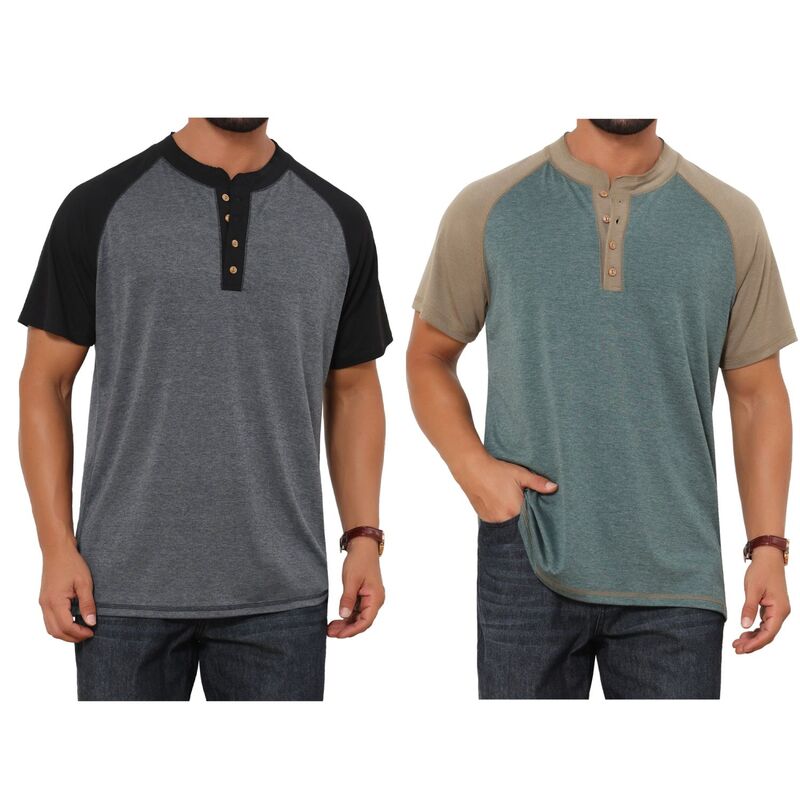 インスパイア シック レディース トップス Tシャツ ボタンダウン カラーブロック ダウン INSPIRE CHIC 2 Packs Men's Raglan Henley Shirt Retro Colorblock Short Sleeve Button Down T-Shirts Dark Gray Green グレー｜ReVida 店