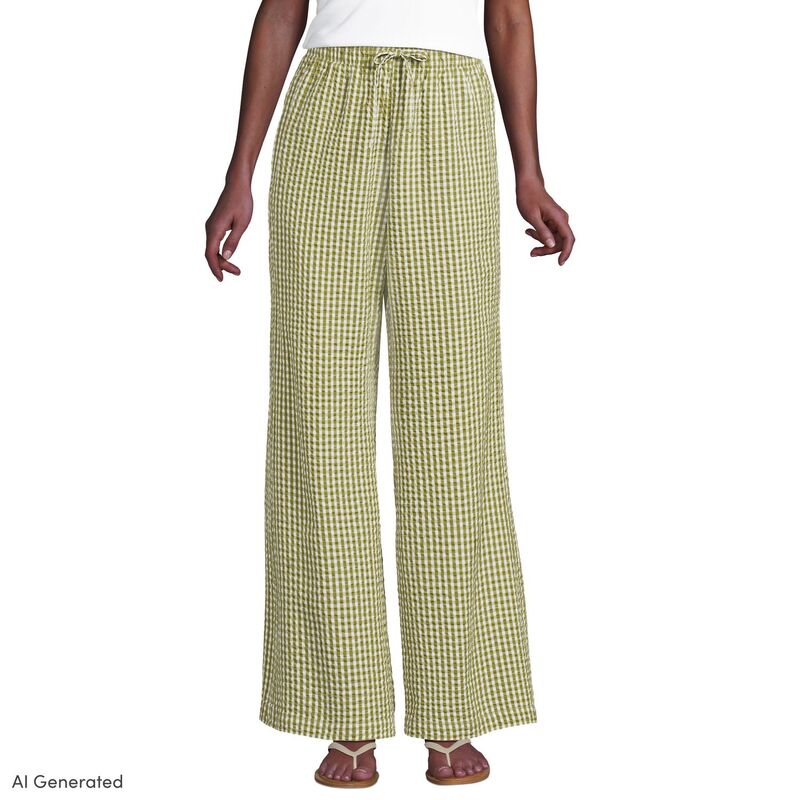 ランズ挙げ句の果て レディース ボトムス 心地好いズボン下 ワイドレッグ Women\u0027s Lands\u0027 End Seersucker High Rise Drawstring Wide Leg Pants Lime Green Gingham 菩提樹