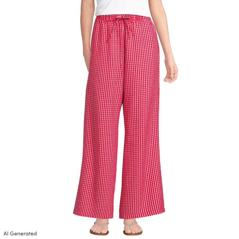 ランズ挙げ句の果て レディース ボトムス 心地好いズボン下 ワイドレッグ Women\u0027s Lands\u0027 End Seersucker High Rise Drawstring Wide Leg Pants Red Pink Gingham 赤いこと
