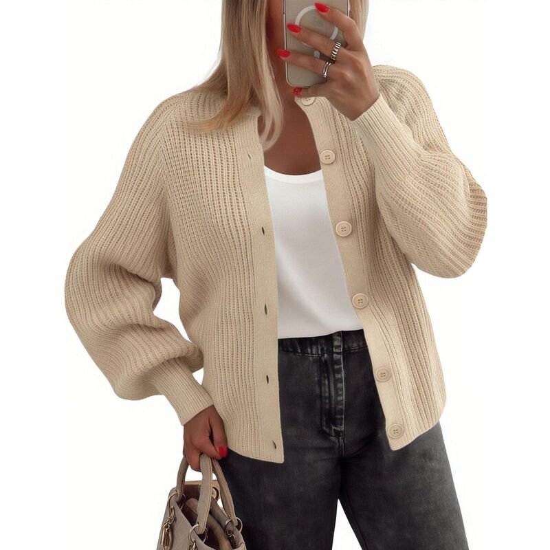 ジーグー レディース アウター ニット・セーター ボタンダウン クルーネック カーディガン ダウン Zeagoo Women's Long Sleeve Chunky Knit Crew Neck Button Down Cardigan Sweaters Apricot アプリコット｜ReVida 店