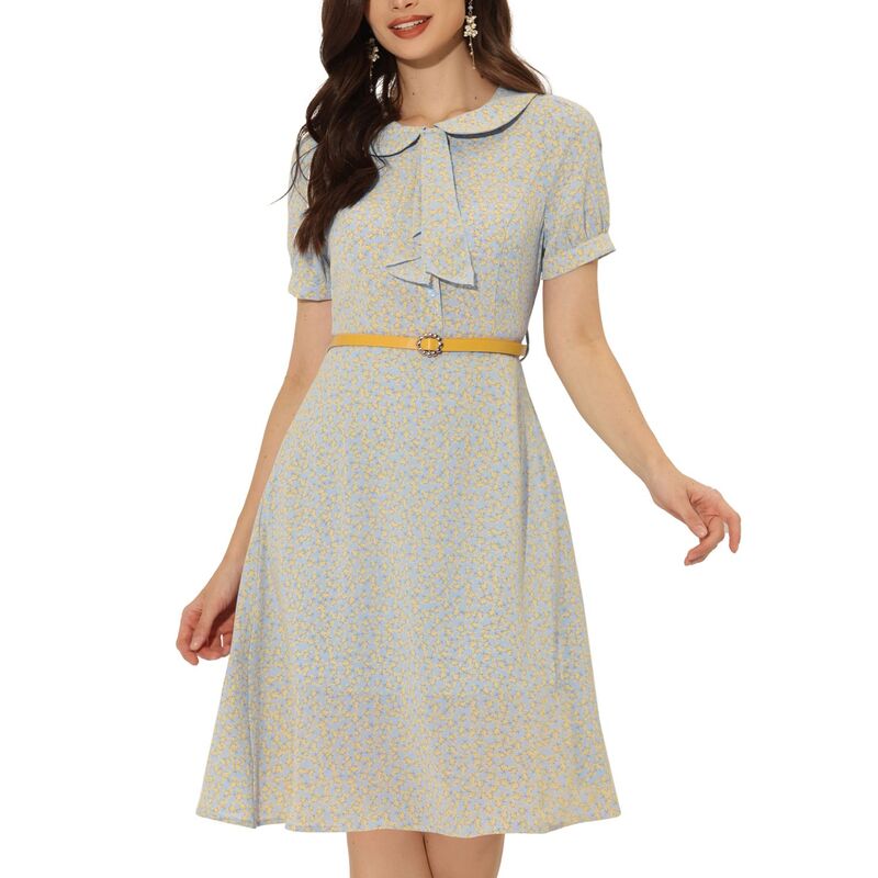 アレグラ ケー レディース トップス ワンピース フラワー柄 フラワー ALLEGRA K Women's Peter Pan Collar Tie Neck Elegant Floral Dress with Belt Light Blue ブルー|ReVida 店