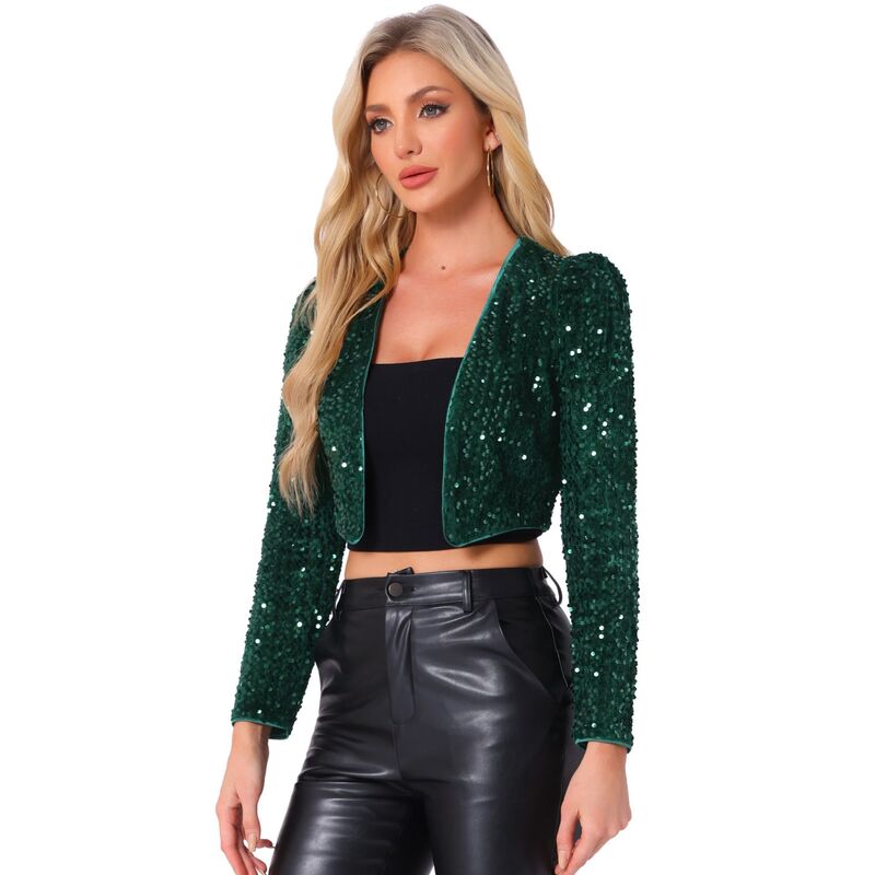 アレグラ ケー レディース アウター 上衣・上衣 スパンコール クロップド ALLEGRA K Women\u0027s Party Shiny Sequin Long Sleeve Open Front Shrug Cropped Jacket Dark Green 緑であること