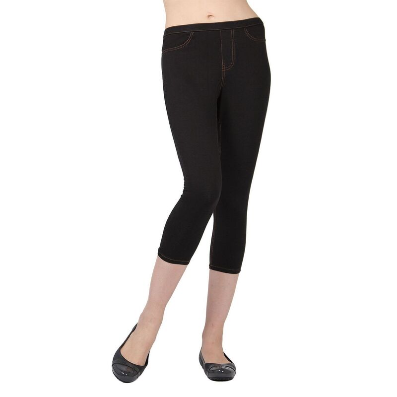メモイ レディース ボトムス 心地好いズボン下 綿織物 ジーンズ 旗がしら レギンス MeMoi Priga Denim Cotton Capri Jean Leggings Black 黒いこと