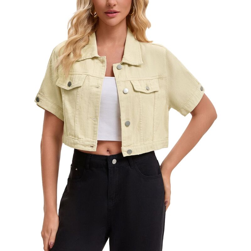 インスパイア 今めかしい レディース アウター 上衣・上衣 クロップド ジーンズ INSPIRE CHIC Women\u0027s Denim Jackets Cropped Short Sleeve Button Up Frayed Washed Jean Jacket Apricot 杏
