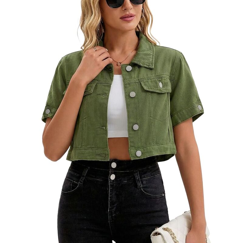 インスパイア 今めかしい レディース アウター 上衣・上衣 クロップド ジーンズ INSPIRE CHIC Women\u0027s Denim Jackets Cropped Short Sleeve Button Up Frayed Washed Jean Jacket Army Green 緑であること