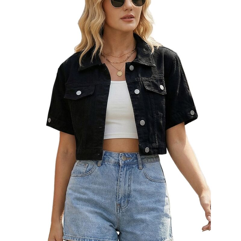 インスパイア 今めかしい レディース アウター 上衣・上衣 クロップド ジーンズ INSPIRE CHIC Women\u0027s Denim Jackets Cropped Short Sleeve Button Up Frayed Washed Jean Jacket Black 黒いこと
