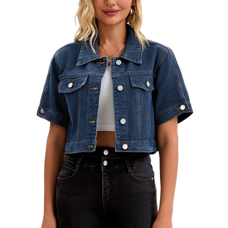インスパイア 今めかしい レディース アウター 上衣・上衣 クロップド ジーンズ INSPIRE CHIC Women\u0027s Denim Jackets Cropped Short Sleeve Button Up Frayed Washed Jean Jacket Dark Blue 青色