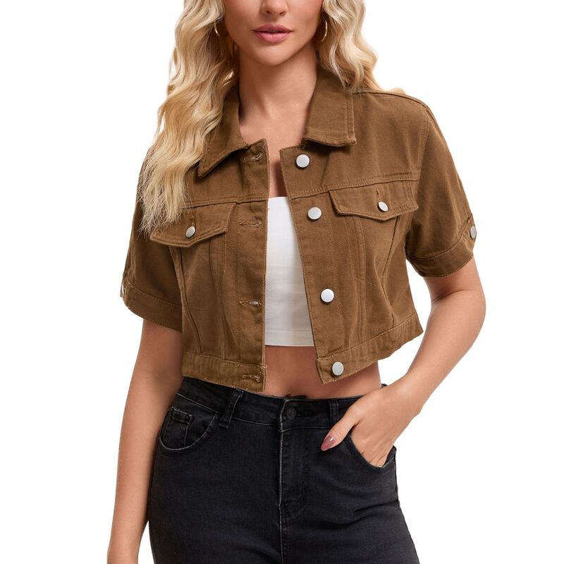 インスパイア 今めかしい レディース アウター 上衣・上衣 クロップド ジーンズ INSPIRE CHIC Women\u0027s Denim Jackets Cropped Short Sleeve Button Up Frayed Washed Jean Jacket Dark Brown 赤銅色