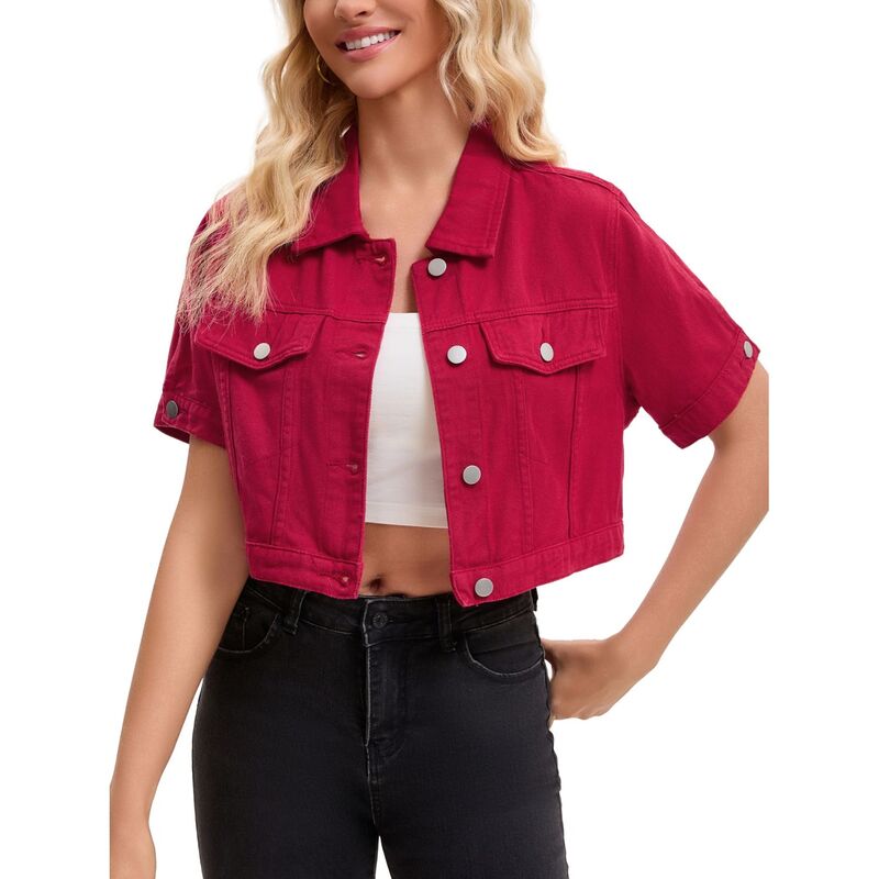 インスパイア 今めかしい レディース アウター 上衣・上衣 クロップド ジーンズ INSPIRE CHIC Women\u0027s Denim Jackets Cropped Short Sleeve Button Up Frayed Washed Jean Jacket Dark Red 赤いこと