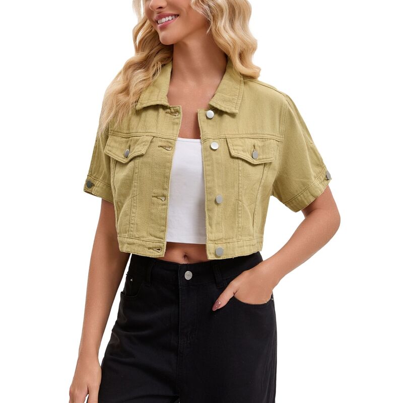 インスパイア 今めかしい レディース アウター 上衣・上衣 クロップド ジーンズ INSPIRE CHIC Women\u0027s Denim Jackets Cropped Short Sleeve Button Up Frayed Washed Jean Jacket Khaki カーキ