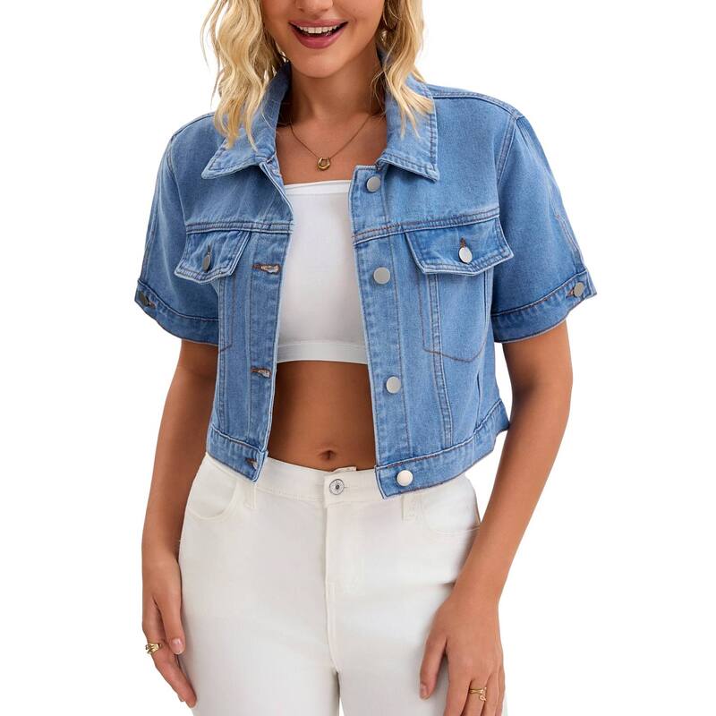 インスパイア 今めかしい レディース アウター 上衣・上衣 クロップド ジーンズ INSPIRE CHIC Women\u0027s Denim Jackets Cropped Short Sleeve Button Up Frayed Washed Jean Jacket Light Blue 青色