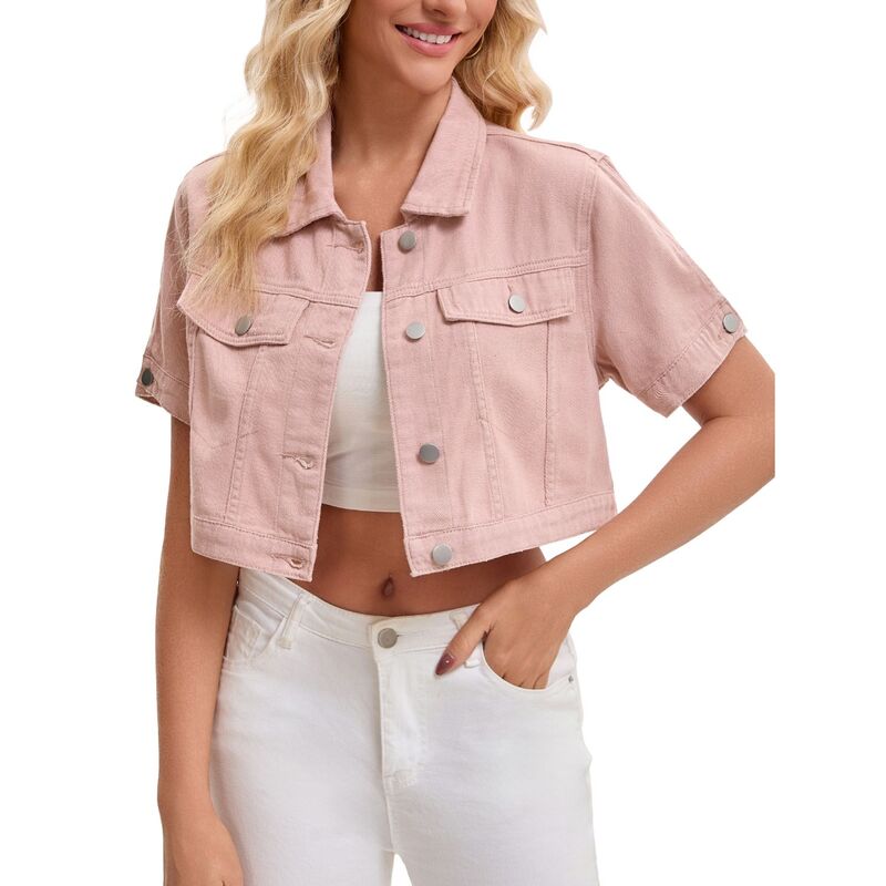 インスパイア 今めかしい レディース アウター 上衣・上衣 クロップド ジーンズ INSPIRE CHIC Women\u0027s Denim Jackets Cropped Short Sleeve Button Up Frayed Washed Jean Jacket Pink サクラ色