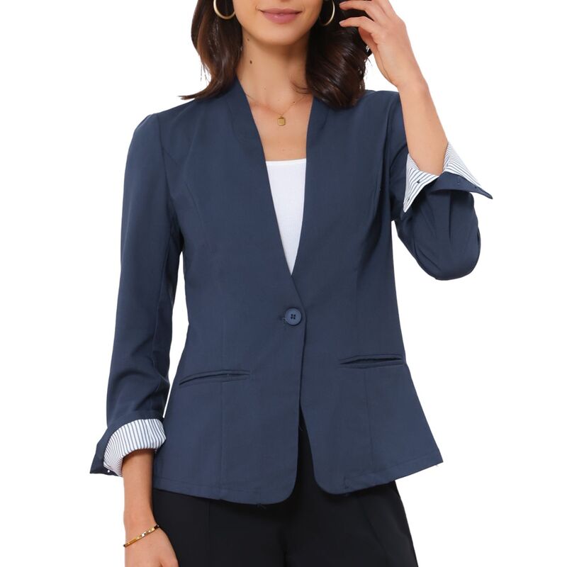 インスパイア 今めかしい レディース アウター 上衣・上衣 Vのど首 スポーツジャケット リネン INSPIRE CHIC Linen Blazer for Women\u0027s V Neck Single Button Long Sleeve Solid Lightweight Work Business Blazers Navy Blue 米国海軍