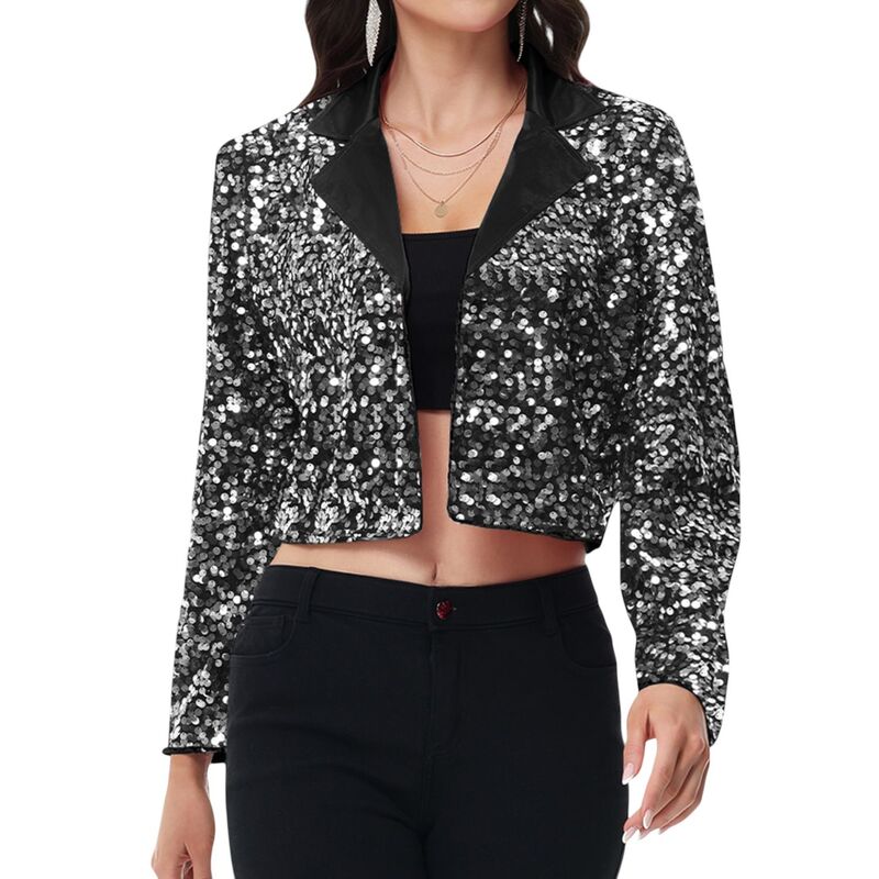 アンナカシ レディース アウター 上衣・上衣 スパンコール クロップド スポーツジャケット Anna-Kaci Women\u0027sequin Cropped Blazer Long Sleeve Sparkly Open Front Jacket Black And Silver 黒いこと