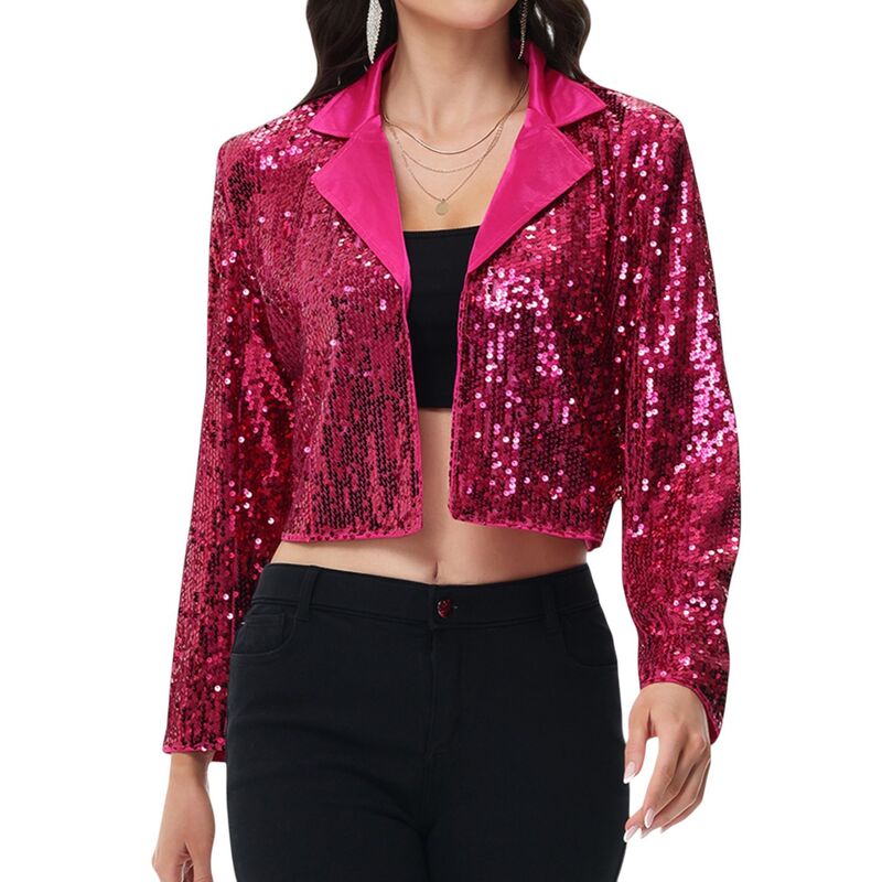 アンナカシ レディース アウター 上衣・上衣 スパンコール クロップド スポーツジャケット Anna-Kaci Women\u0027sequin Cropped Blazer Long Sleeve Sparkly Open Front Jacket Fuschia フューシャ