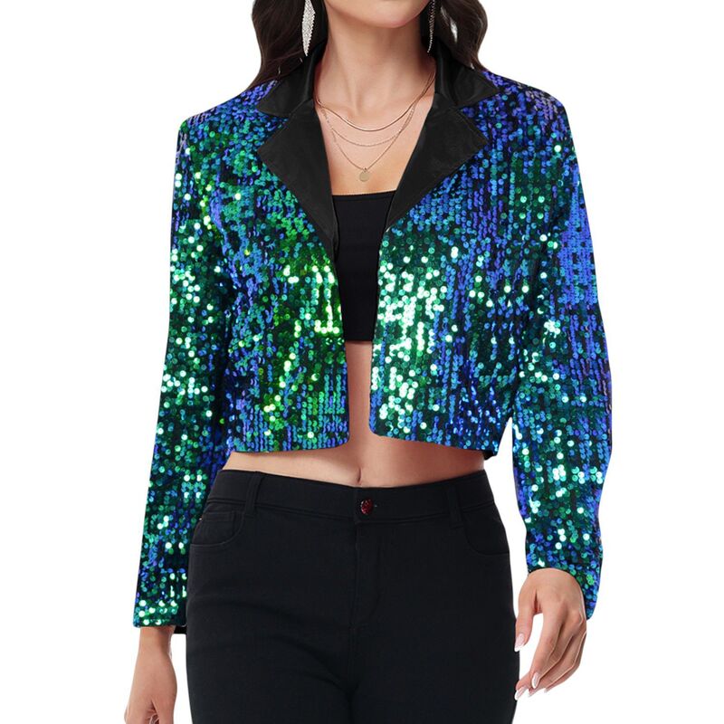 アンナカシ レディース アウター 上衣・上衣 スパンコール クロップド スポーツジャケット Anna-Kaci Women\u0027sequin Cropped Blazer Long Sleeve Sparkly Open Front Jacket Green 緑であること
