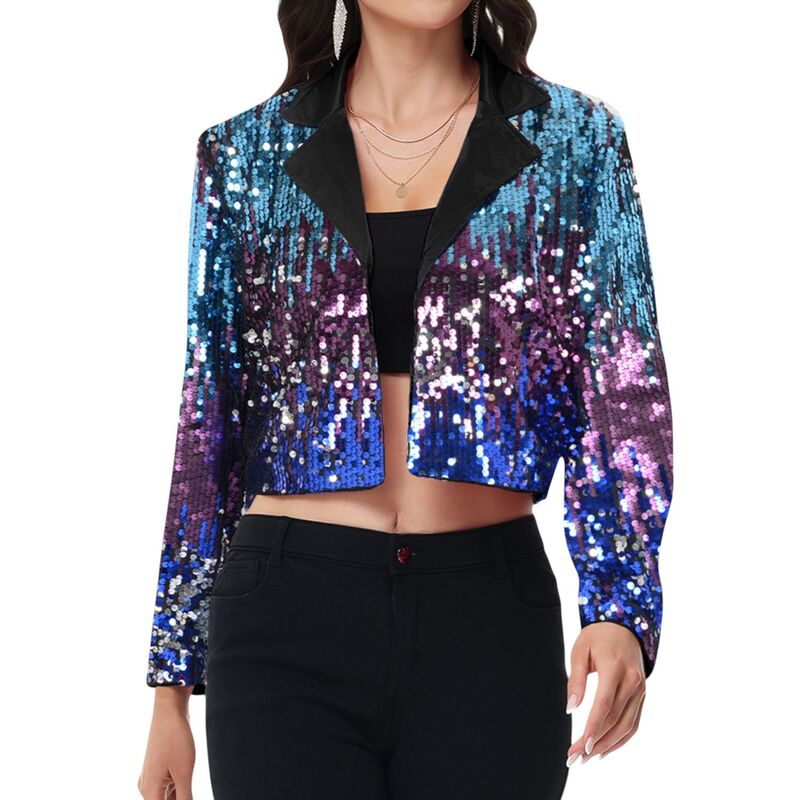 アンナカシ レディース アウター 上衣・上衣 スパンコール クロップド スポーツジャケット Anna-Kaci Women\u0027sequin Cropped Blazer Long Sleeve Sparkly Open Front Jacket Midnight