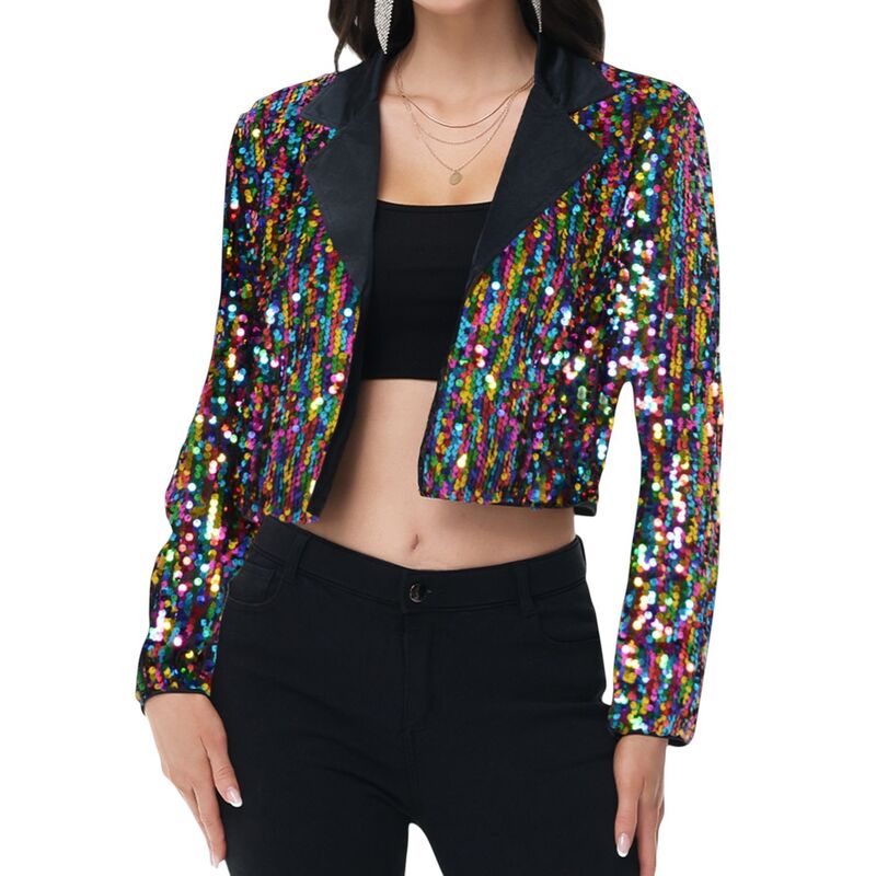 アンナカシ レディース アウター 上衣・上衣 スパンコール クロップド スポーツジャケット Anna-Kaci Women\u0027sequin Cropped Blazer Long Sleeve Sparkly Open Front Jacket Mixed