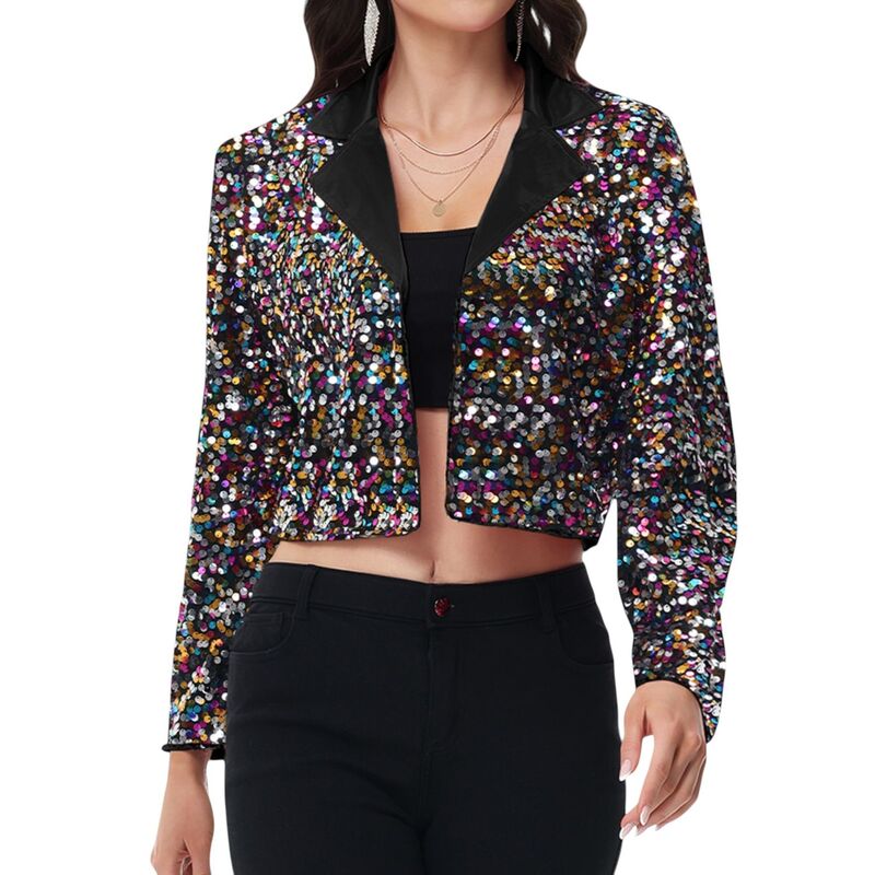 アンナカシ レディース アウター 上衣・上衣 スパンコール クロップド スポーツジャケット Anna-Kaci Women\u0027sequin Cropped Blazer Long Sleeve Sparkly Open Front Jacket Multicolor マルチ色合い