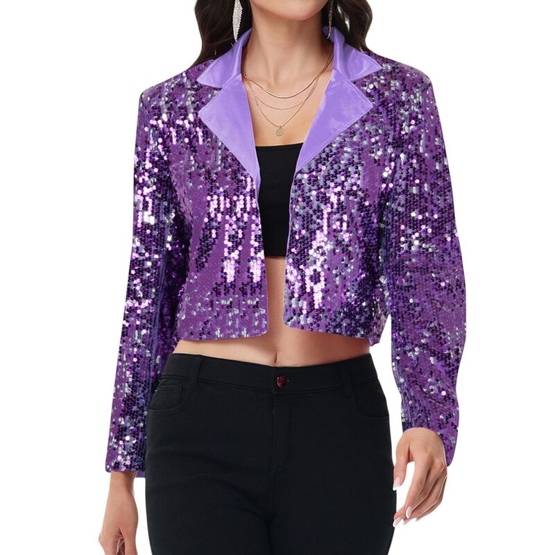アンナカシ レディース アウター 上衣・上衣 スパンコール クロップド スポーツジャケット Anna-Kaci Women\u0027sequin Cropped Blazer Long Sleeve Sparkly Open Front Jacket Purple パープル