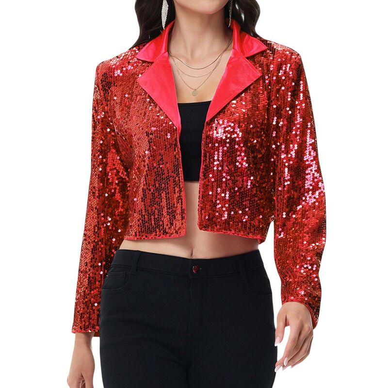 アンナカシ レディース アウター 上衣・上衣 スパンコール クロップド スポーツジャケット Anna-Kaci Women\u0027sequin Cropped Blazer Long Sleeve Sparkly Open Front Jacket Red 赤いこと