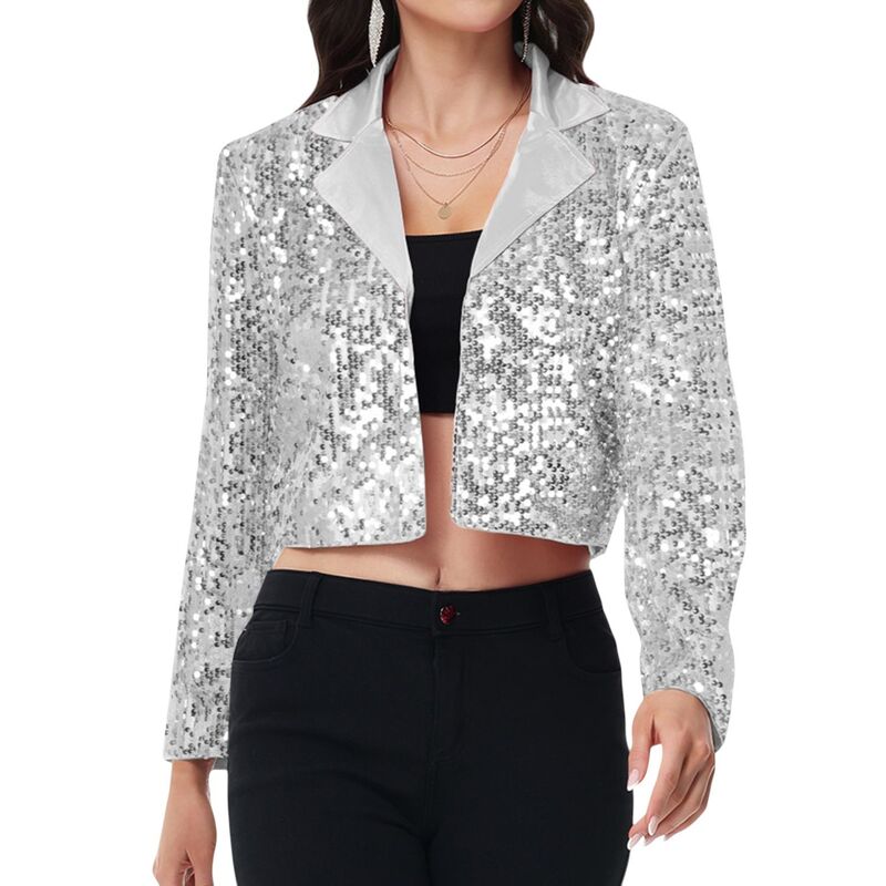 アンナカシ レディース アウター 上衣・上衣 スパンコール クロップド スポーツジャケット Anna-Kaci Women\u0027sequin Cropped Blazer Long Sleeve Sparkly Open Front Jacket Silver しろがね色