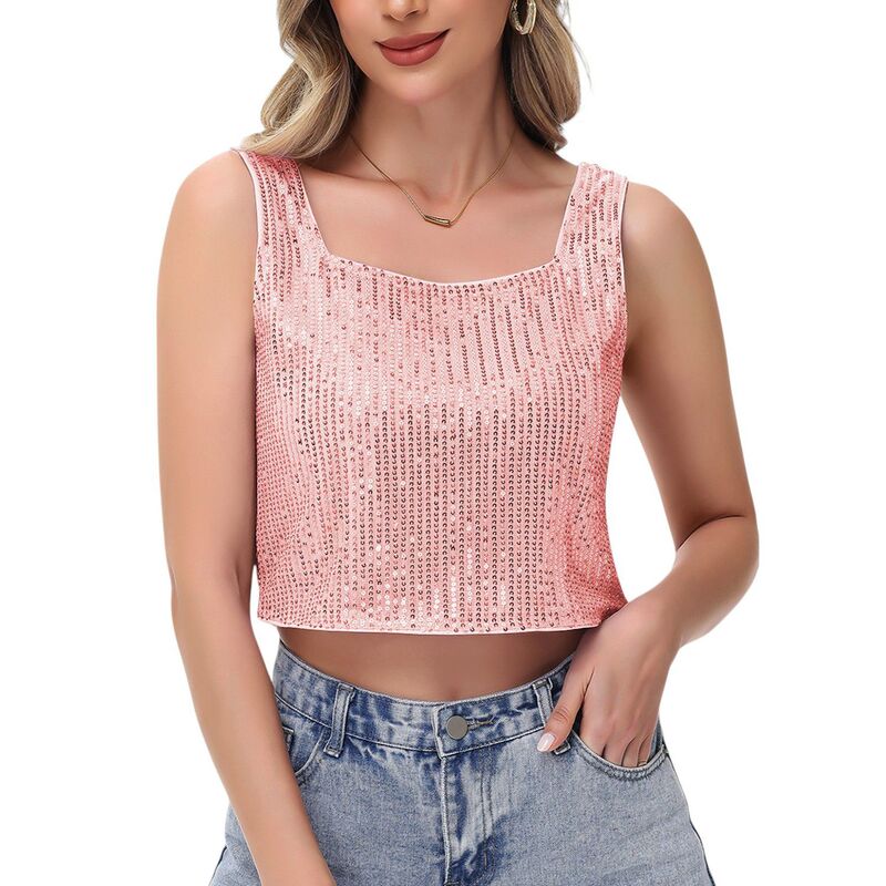 アンナカシ レディース トップス Tシャツ スパンコール ノースリーブ クロップド Anna-Kaci Women'sequin Square Neck Tank Top with Sleeveless Design and Cropped Fit Pink ピンク｜ReVida 店